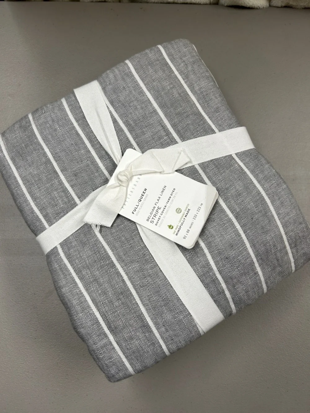 Pottery Barn Belgian Flax Linen Stripe Duvet Cover Full Queen Flagstone Gray NWT